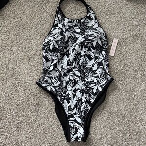 Victoria’s Secret swim Floral Black White One Piece padded halter Swimsuit XL